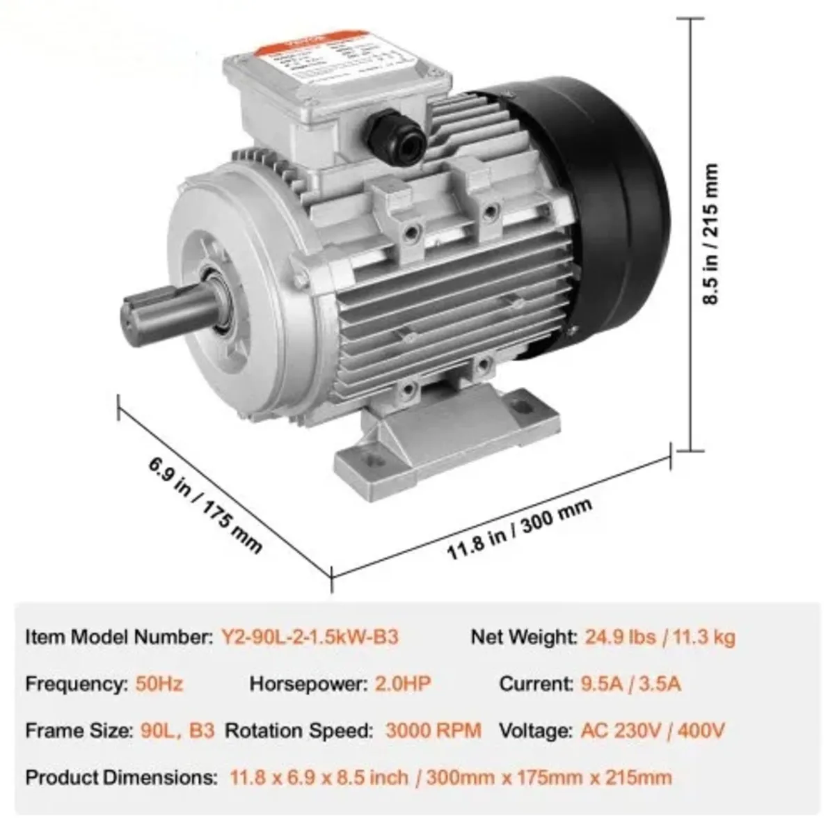 1.5KW Electric Motor 3000 rpm, AC 230V/400V 9.5A/3 - Image 3