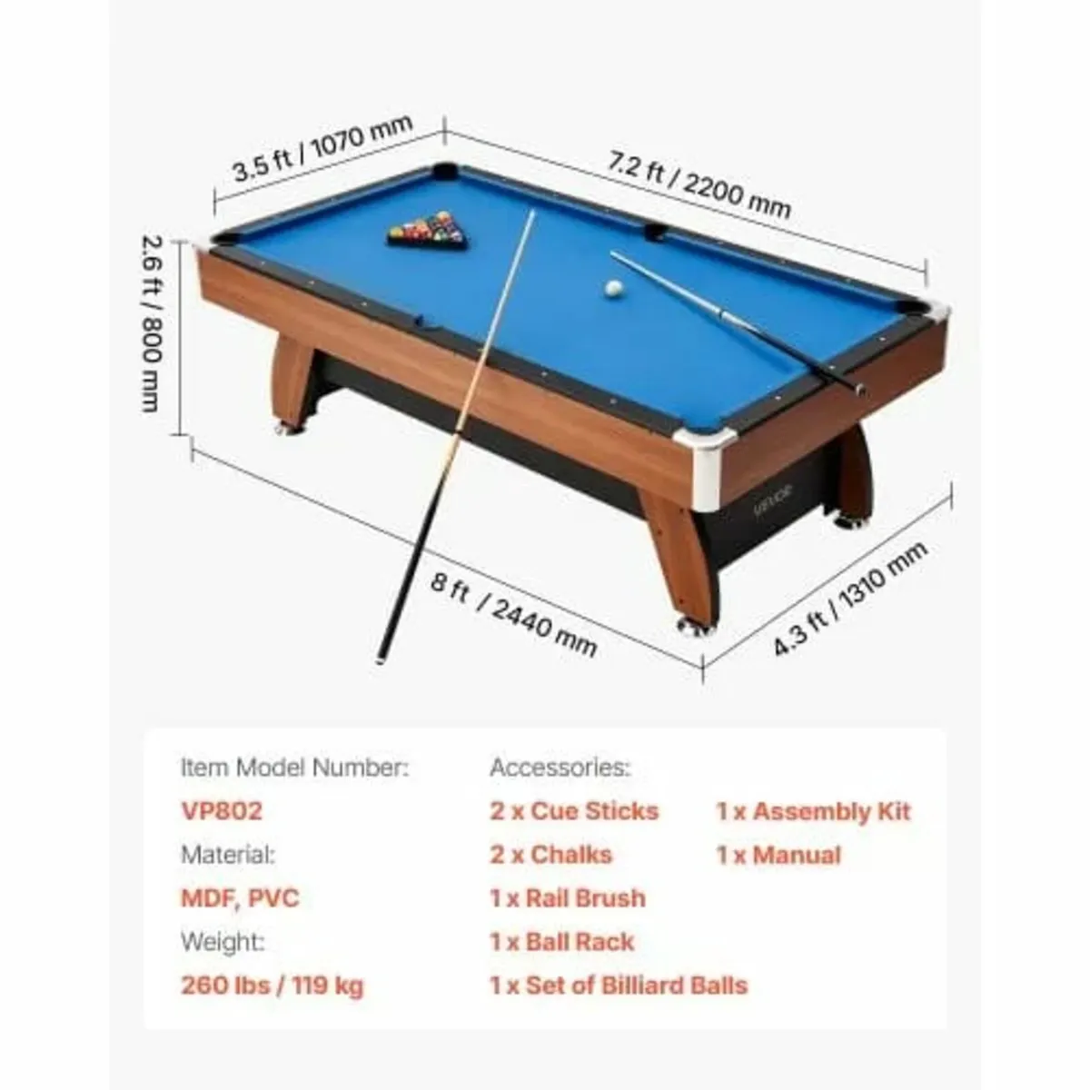 Pool Table, 244cm Portable Billiards Tables with W - Image 3
