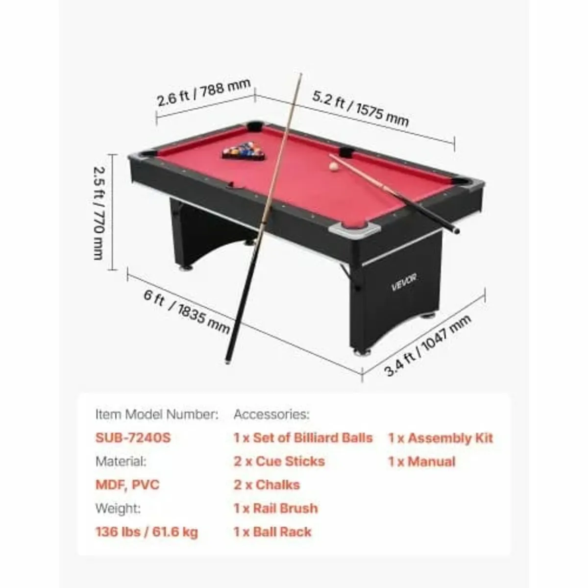 Pool Table, 183cm Portable Billiards Tables, Adjus - Image 3
