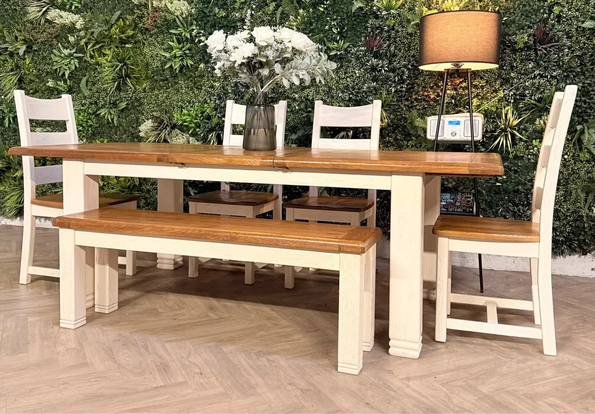 Extending oak kitchen table, 4 chairs & bench - Image 2