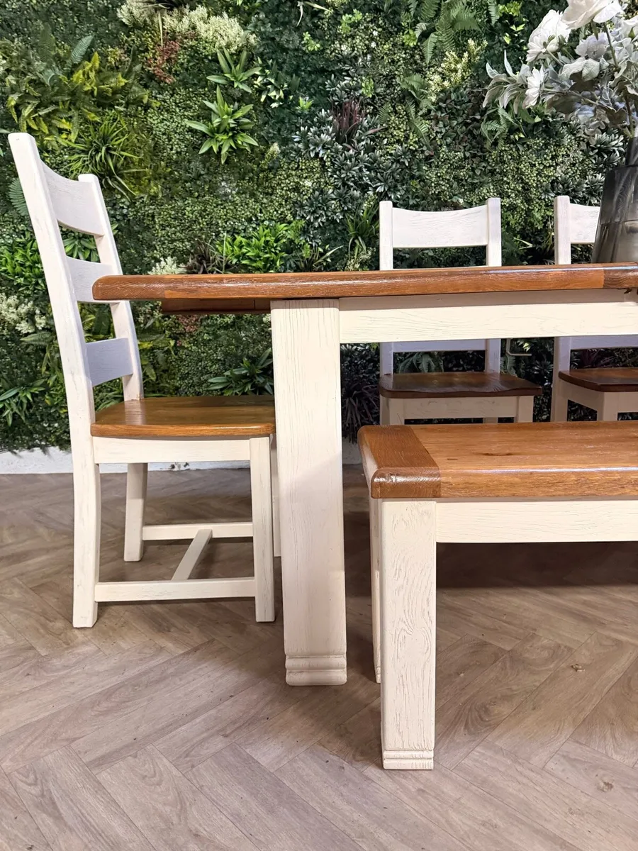 Extending oak kitchen table, 4 chairs & bench - Image 4