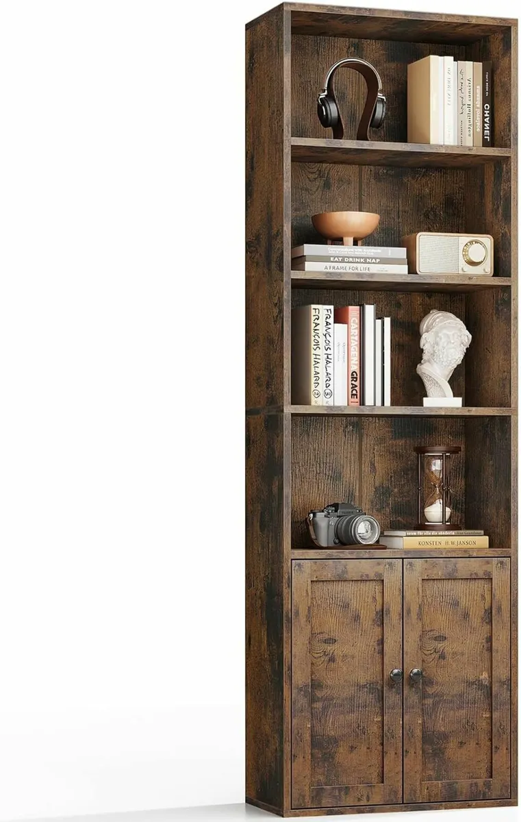 6-Tier Bookcase with Doors and Cabinet Bookshelf - Image 1