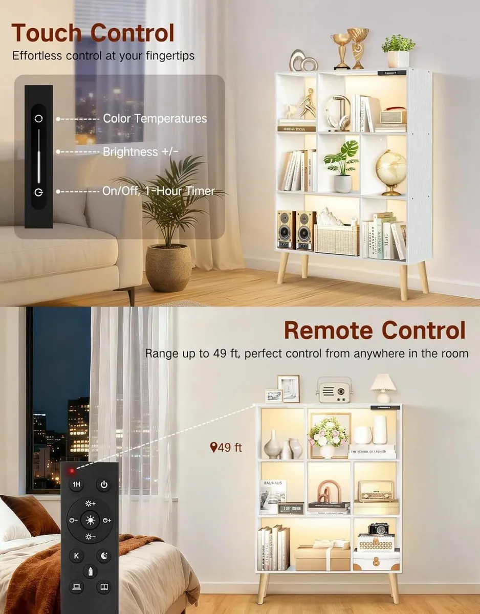 7-Cube Bookshelf with LED Lights Touch Remote - Image 3