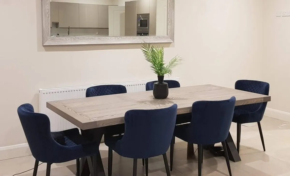 6 Navy Velvet Dining Chairs - Modern Padded - Excellent Condition - Image 1