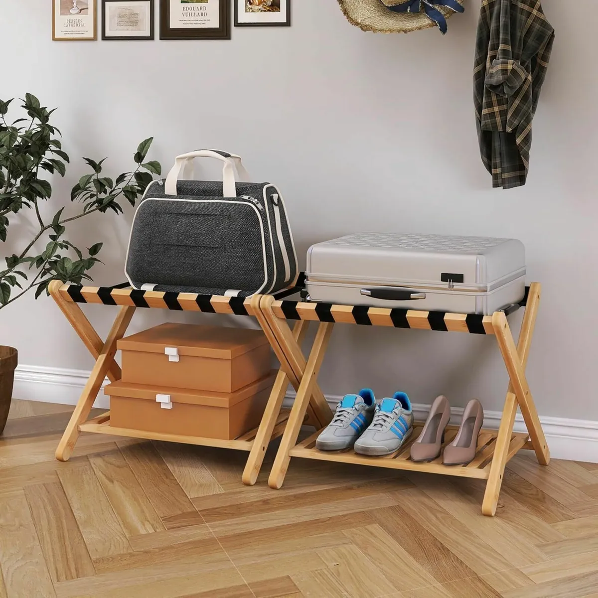 Luggage Rack Set of 2 Foldable Bamboo Suitcase - Image 2