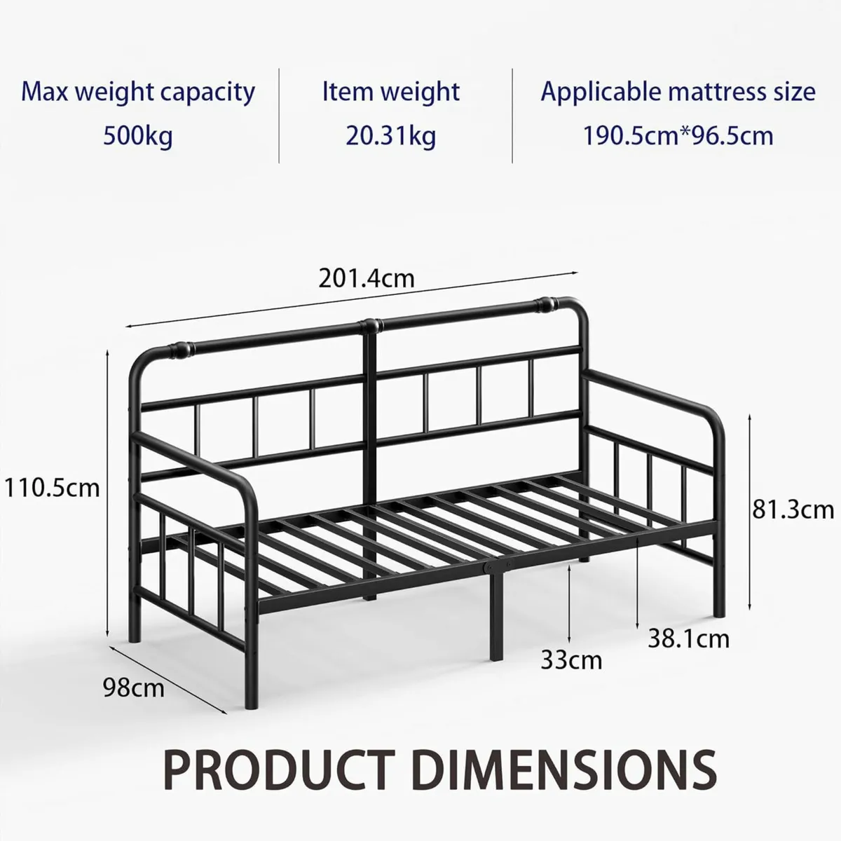 Metal Day Bed Frame with Headboard - Single - Image 2