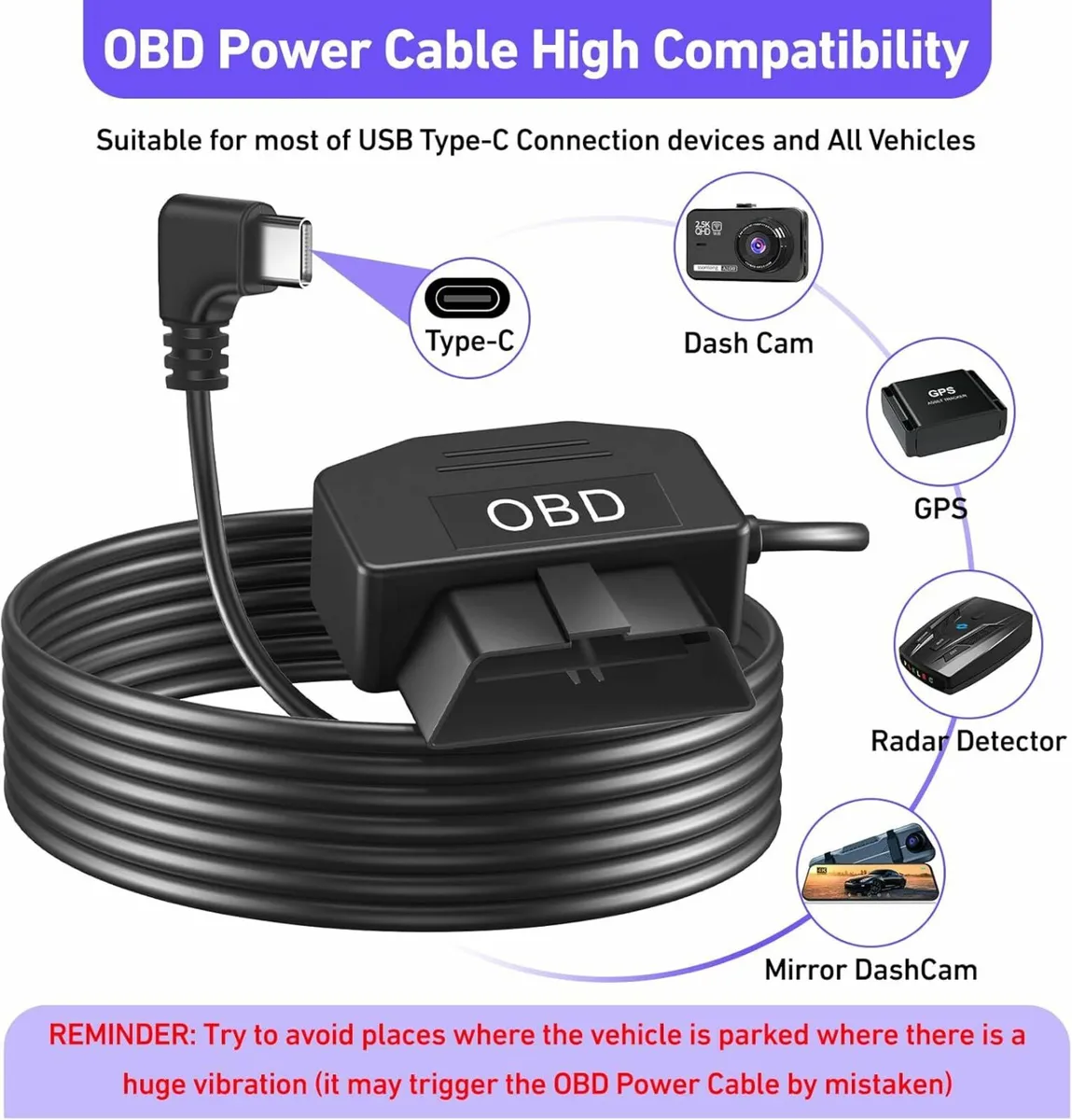 OBD2 OBD Power Cable for Dash Camera, OBD to Type- - Image 1