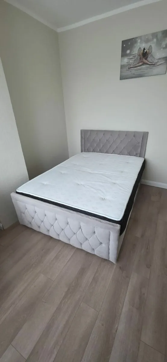 Grey Velvet Bed Frame with Mattress - Image 1