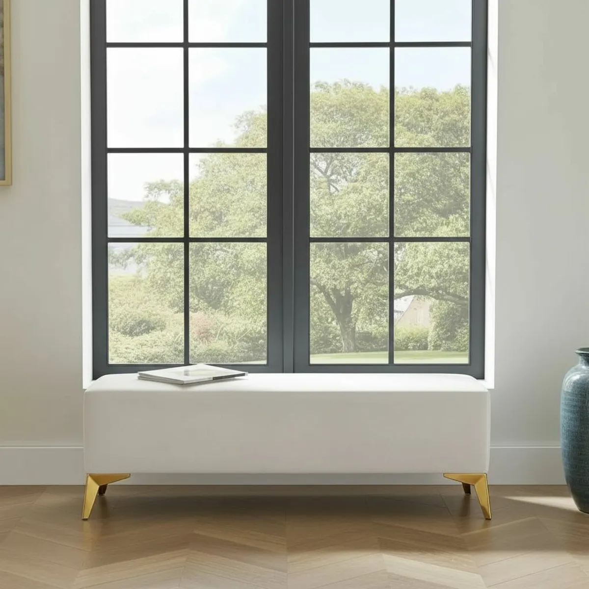 Handmade Velvet Bench with Gold Metal Legs - Image 2