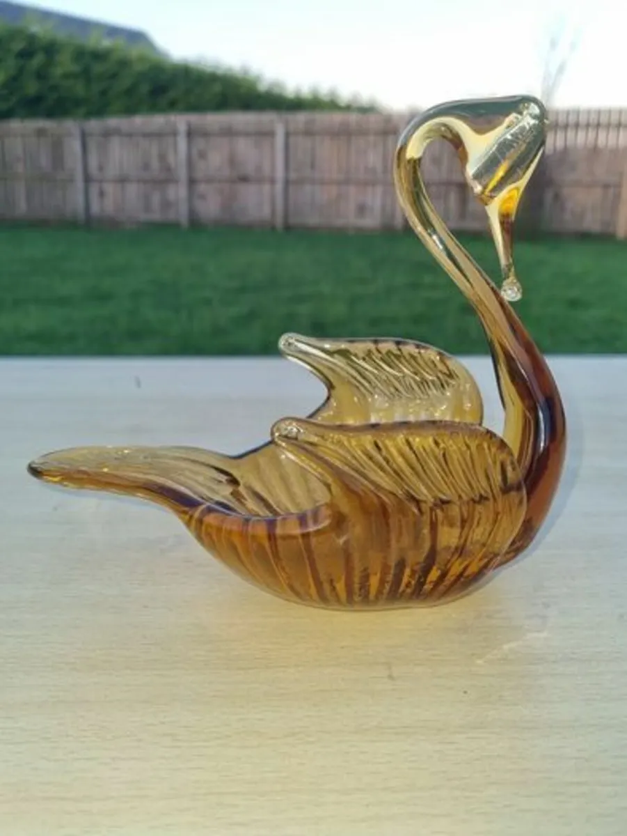 Vintage Amber Hand Blown Glass Swan Dish - Image 1