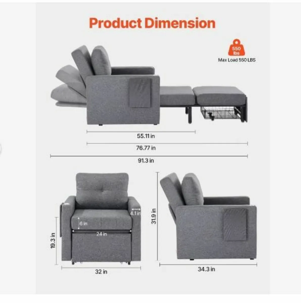Sleeper Sofa Bed, Convertible Sleeper Bed - Image 3