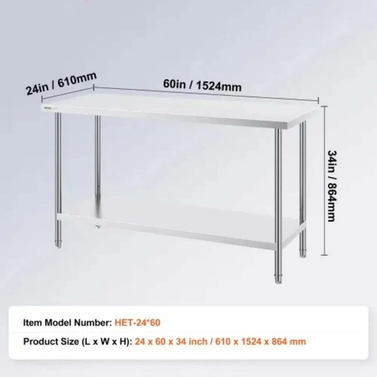 Stainless Steel Prep Table, 24 x 60 x 34 Inch, Hea - Image 3