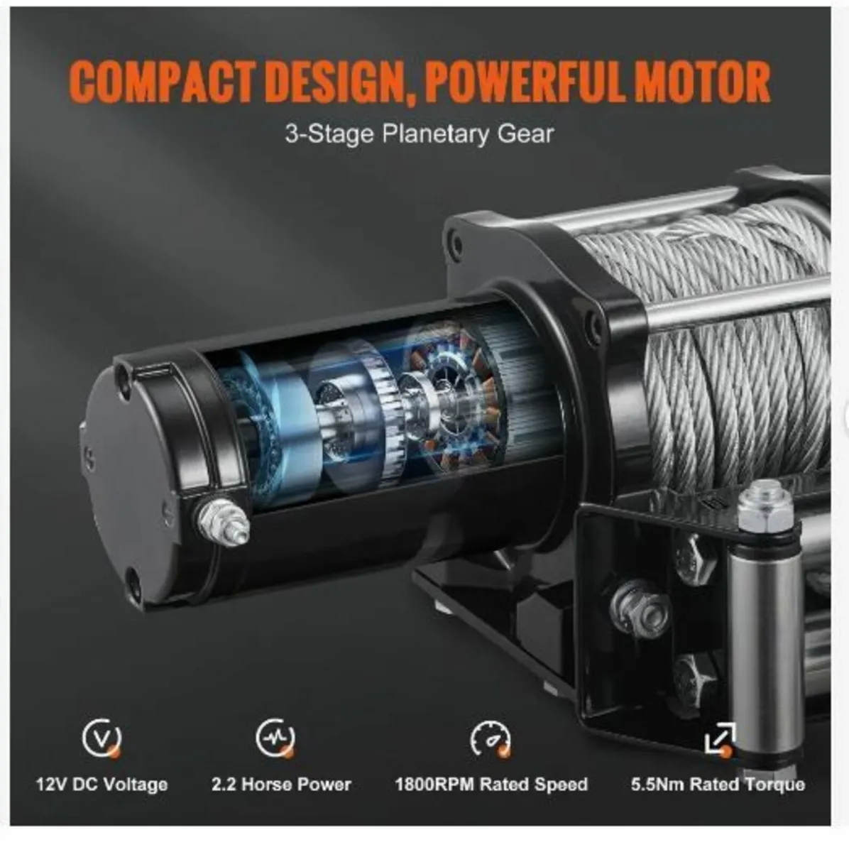 Electric Winch, 12V 4500 lb Load Capacity Steel - Image 2