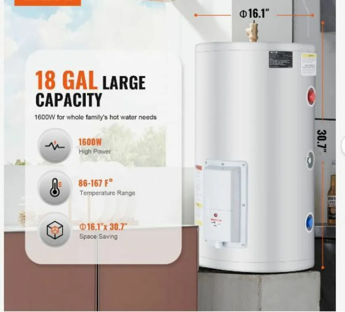 Electric Water Heater, 18 Gallon Tank Instant - Image 3