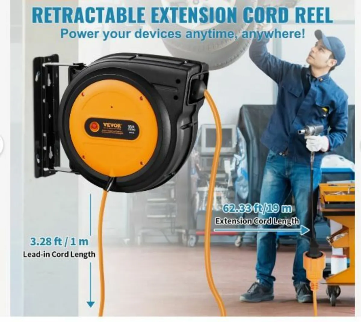 Retractable Extension Cord Reel, 62.33 ft/19 m - Image 2