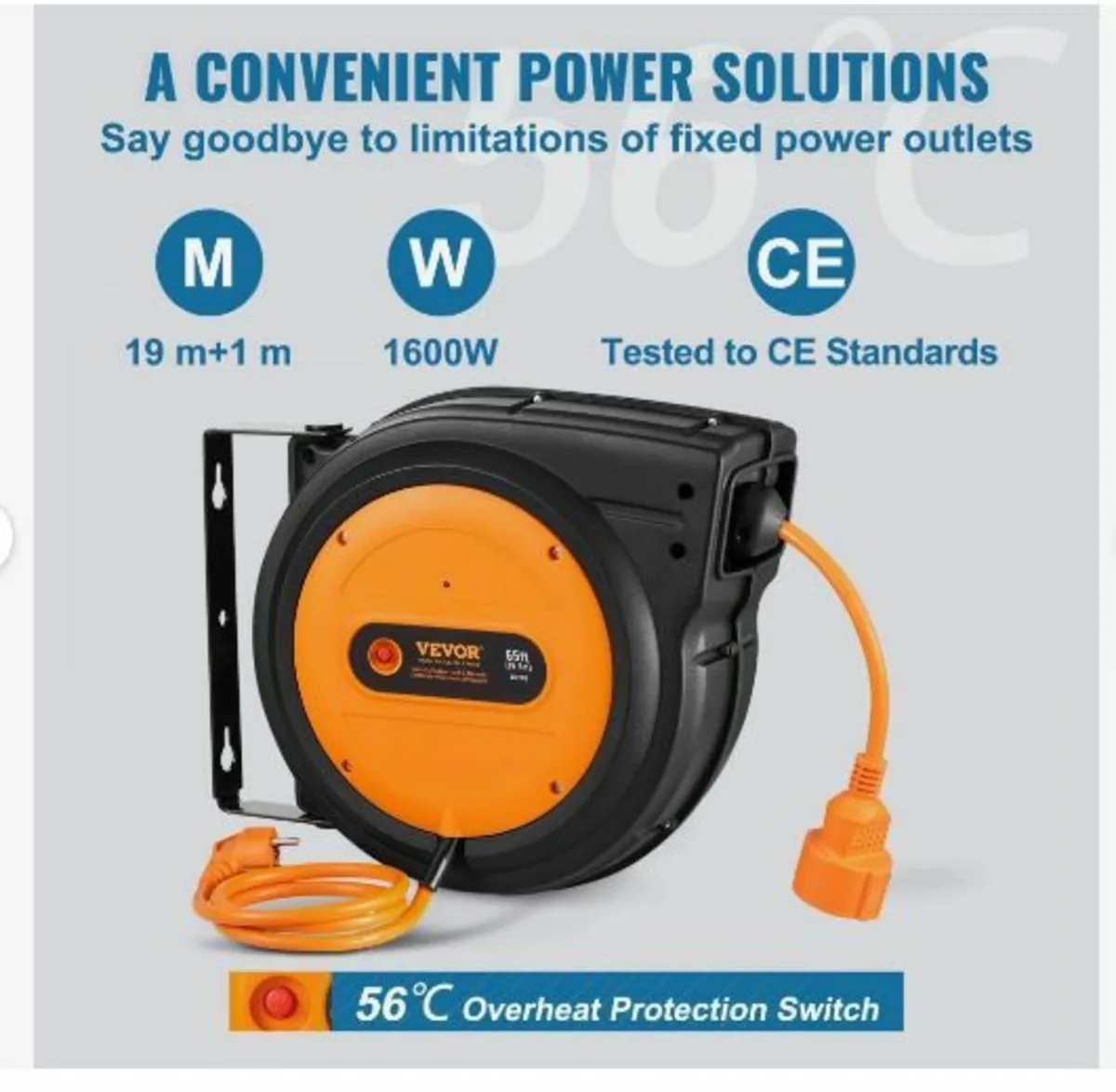 Retractable Extension Cord Reel, 62.33 ft/19 m - Image 3