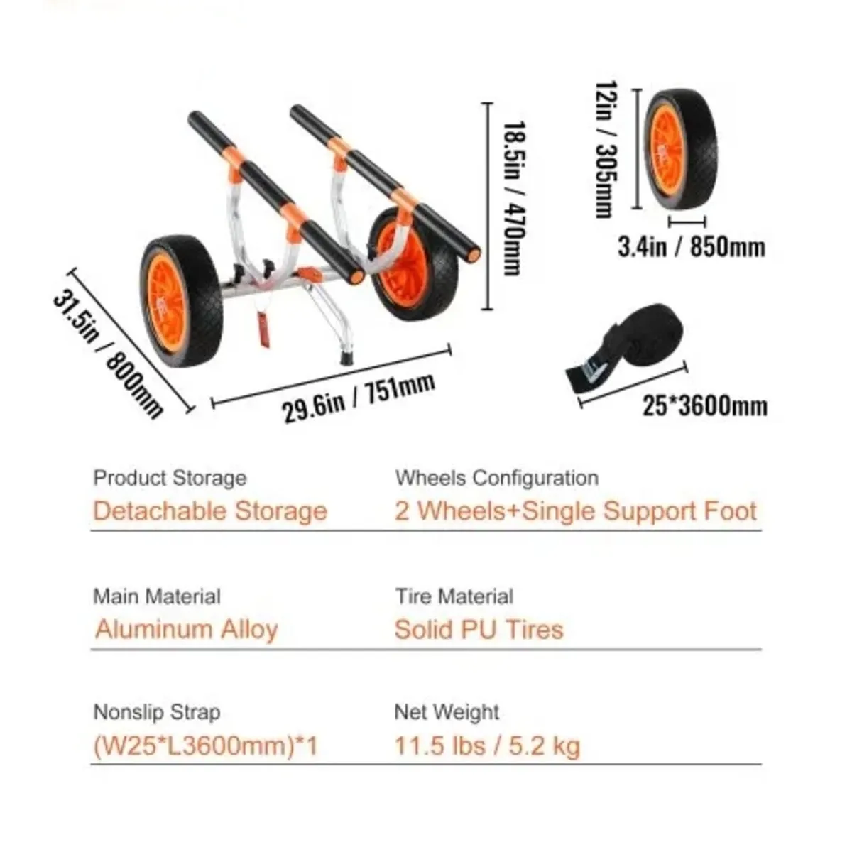 Heavy Duty Kayak Cart, 204.1 kg Load Capacity, Det - Image 3