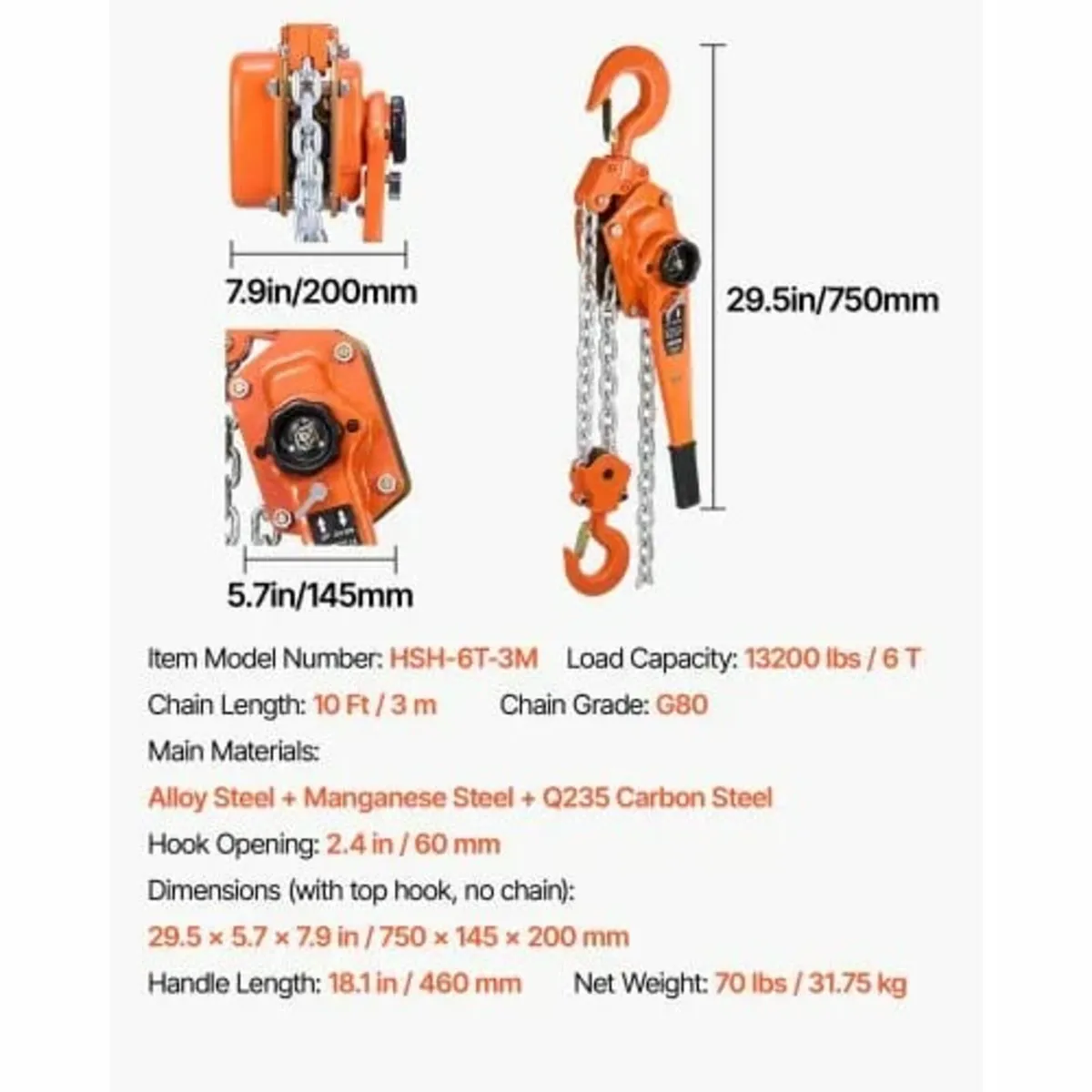 Manual Lever Chain Hoist, 6T 6000KG Capacity Heavy - Image 3