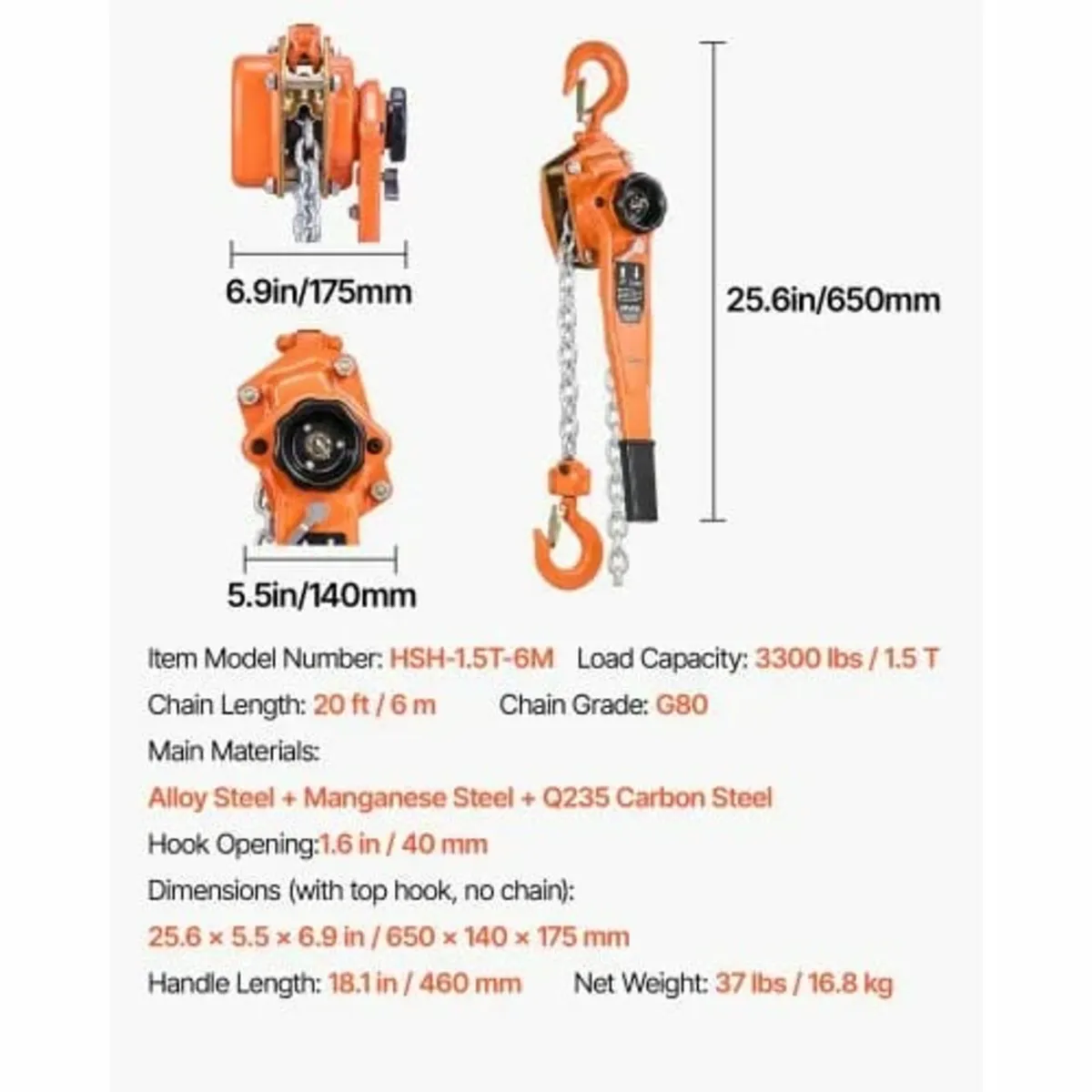 Manual Lever Chain Hoist, 1-1/2T 1500KG Capacity H - Image 3