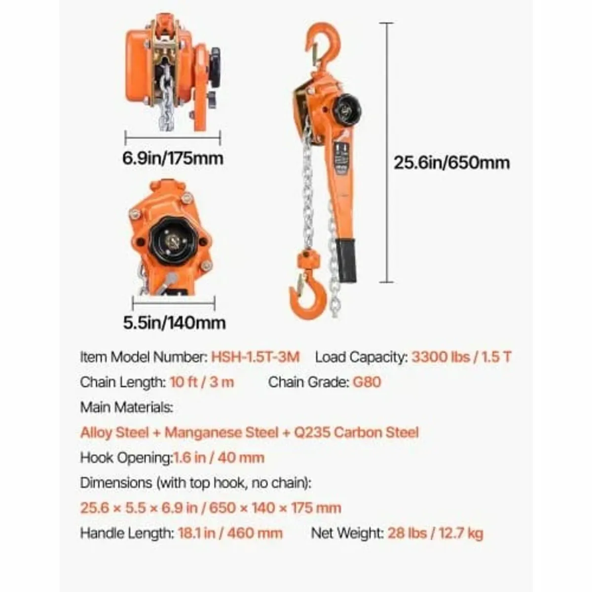 Manual Lever Chain Hoist, 1-1/2T 1500KG Capacity H - Image 3