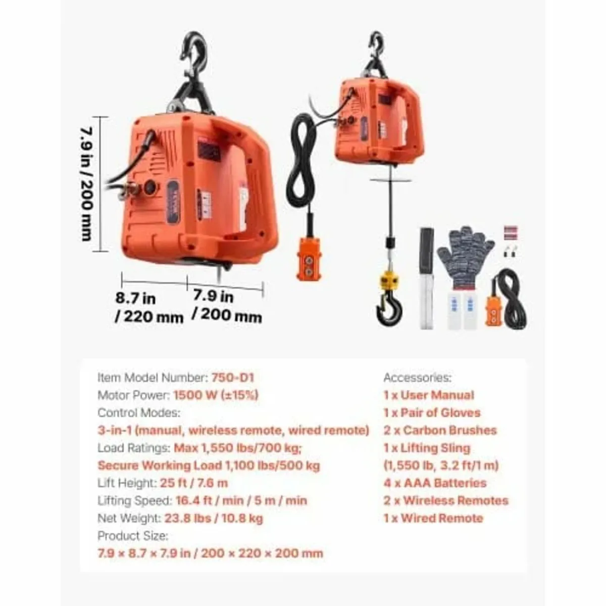 3-in-1 Electric Hoist Winch, 700 kg Capacity, 1500 - Image 3