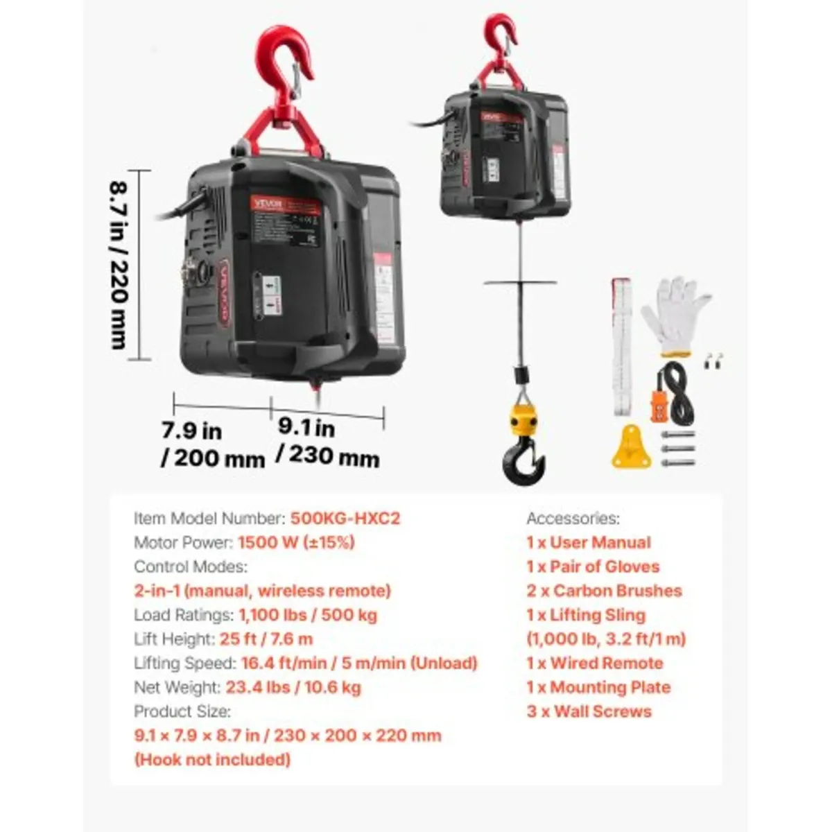 2-in-1 Electric Hoist Winch, 500 kg Capacity, 1500 - Image 3