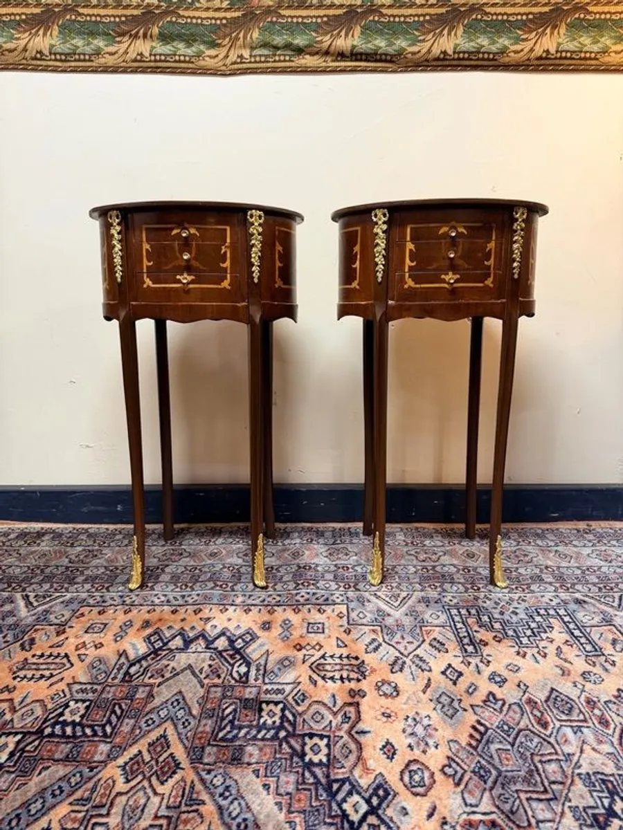 Beautiful Pair of Oval Veneer and Brass Decorated Lockers / Nightstands - Image 1