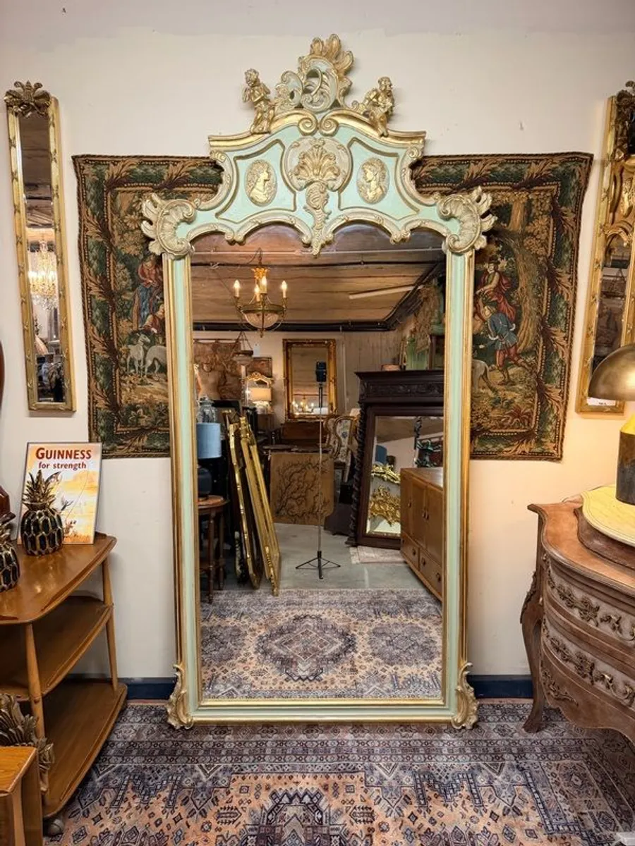Grand French Style Parcel Gilt & Painted Mirror with Cherub & Plaques - Image 1