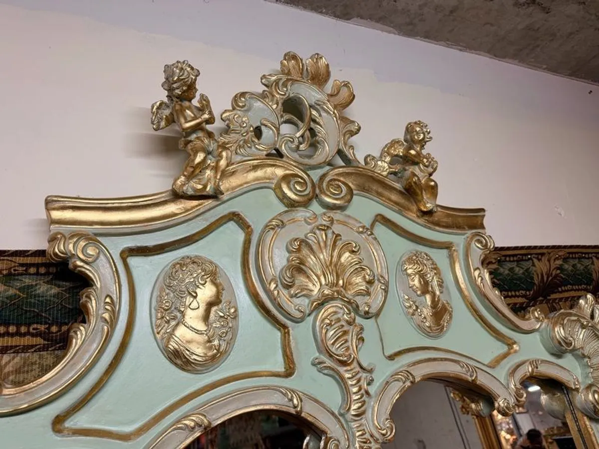 Grand French Style Parcel Gilt & Painted Mirror with Cherub & Plaques - Image 2