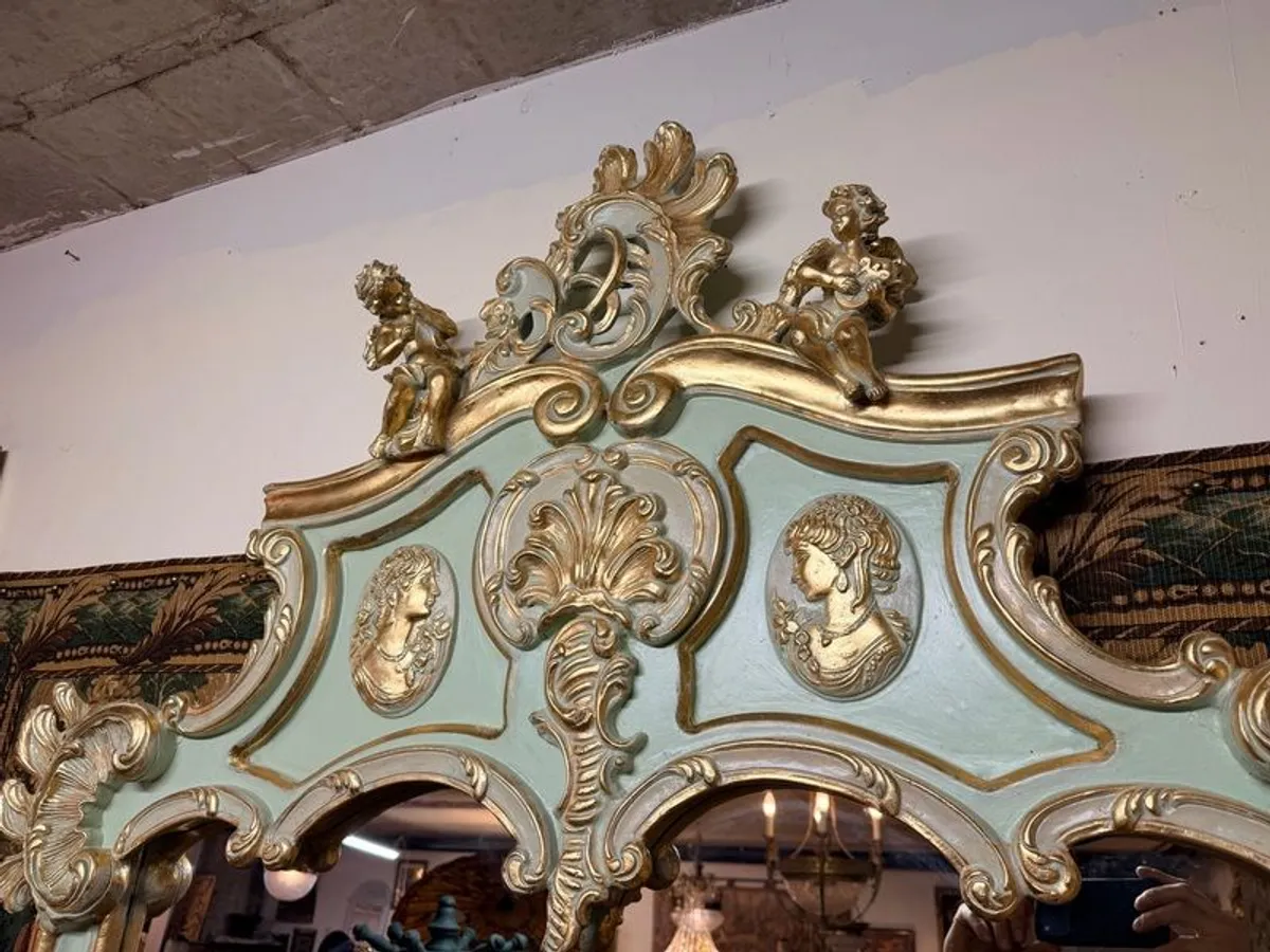 Grand French Style Parcel Gilt & Painted Mirror with Cherub & Plaques - Image 3