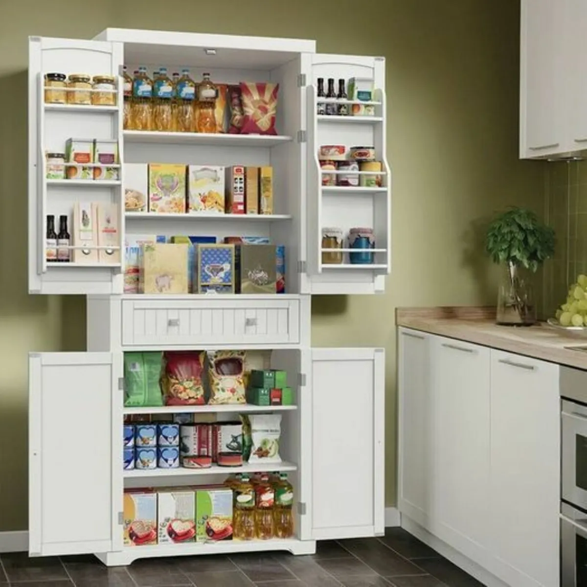 Tall White Storage Cabinet with Shelves and Drawer - Image 1