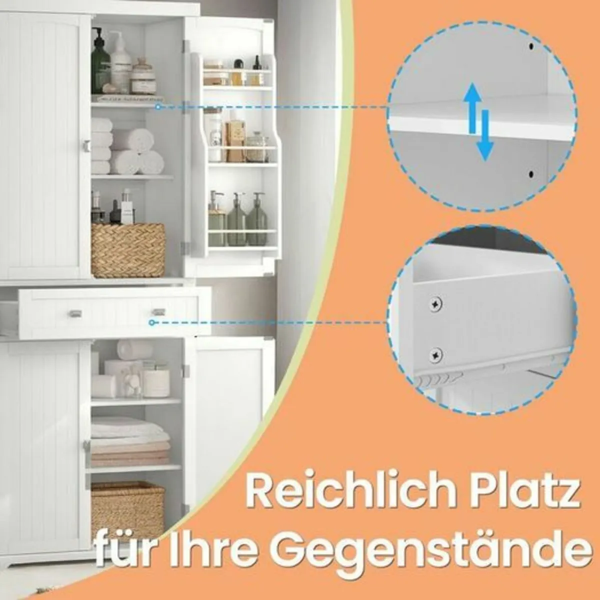 Tall White Storage Cabinet with Shelves and Drawer - Image 3