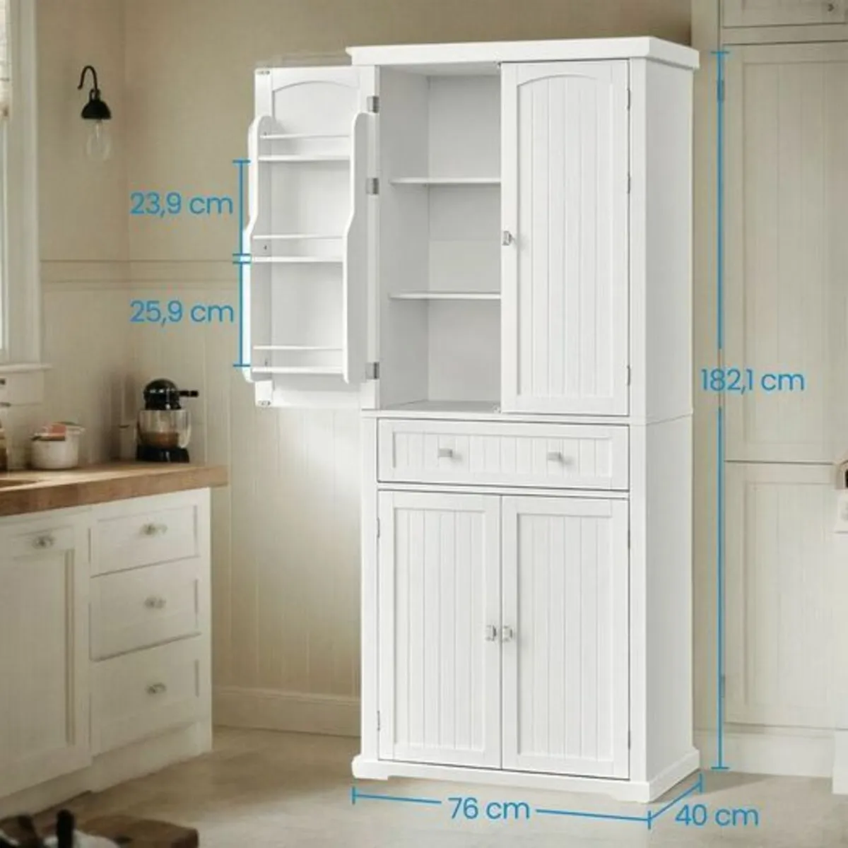 Tall White Storage Cabinet with Shelves and Drawer - Image 4