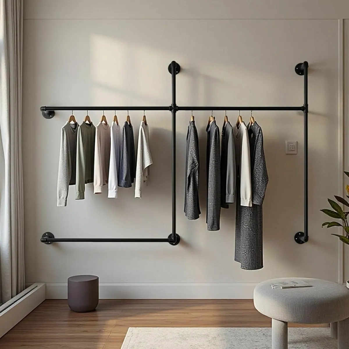 Industrial Pipe Clothing Rack Heavy Duty Wall - Image 1