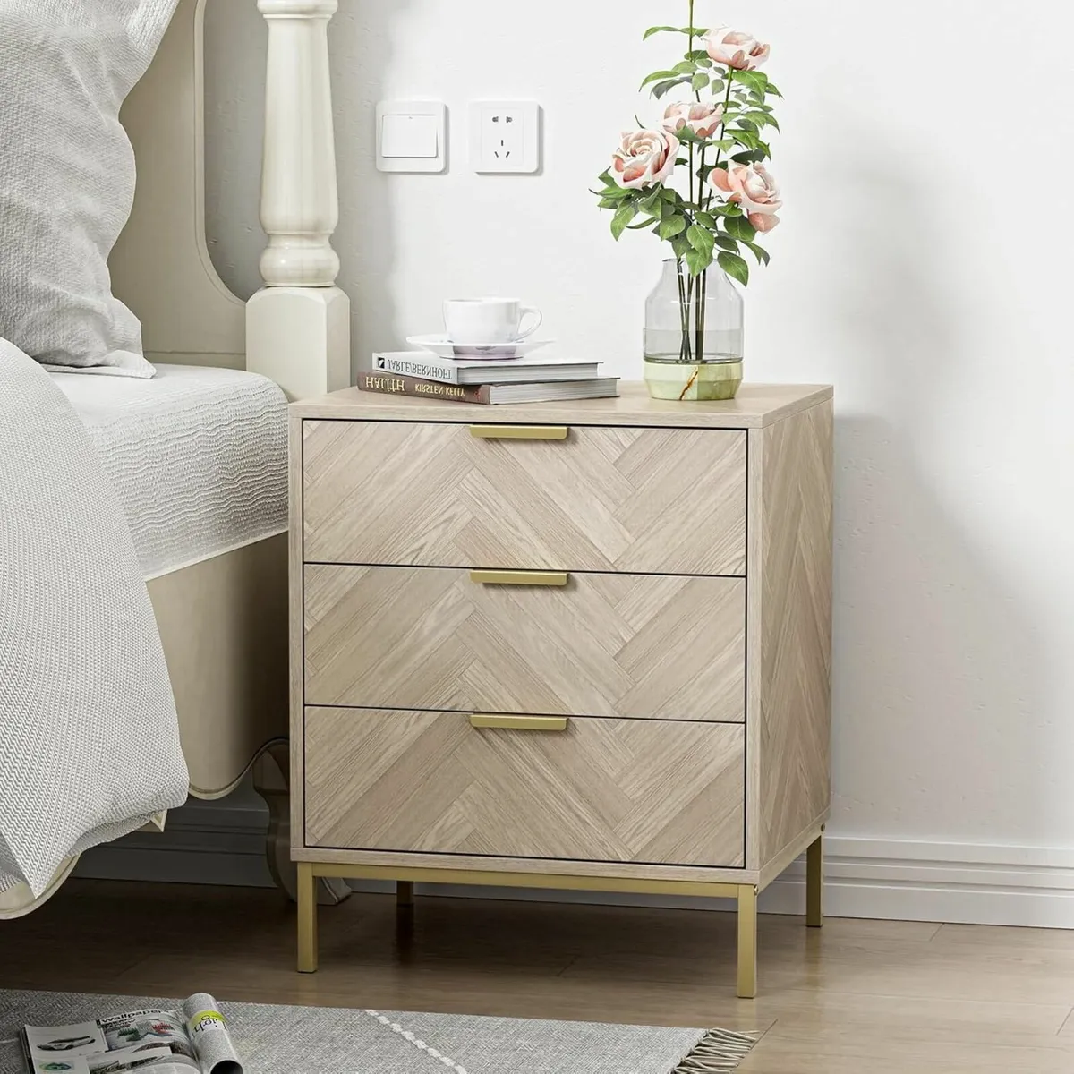 Herringbone 3 Drawer Bedside Table Wooden Cabinet - Image 1