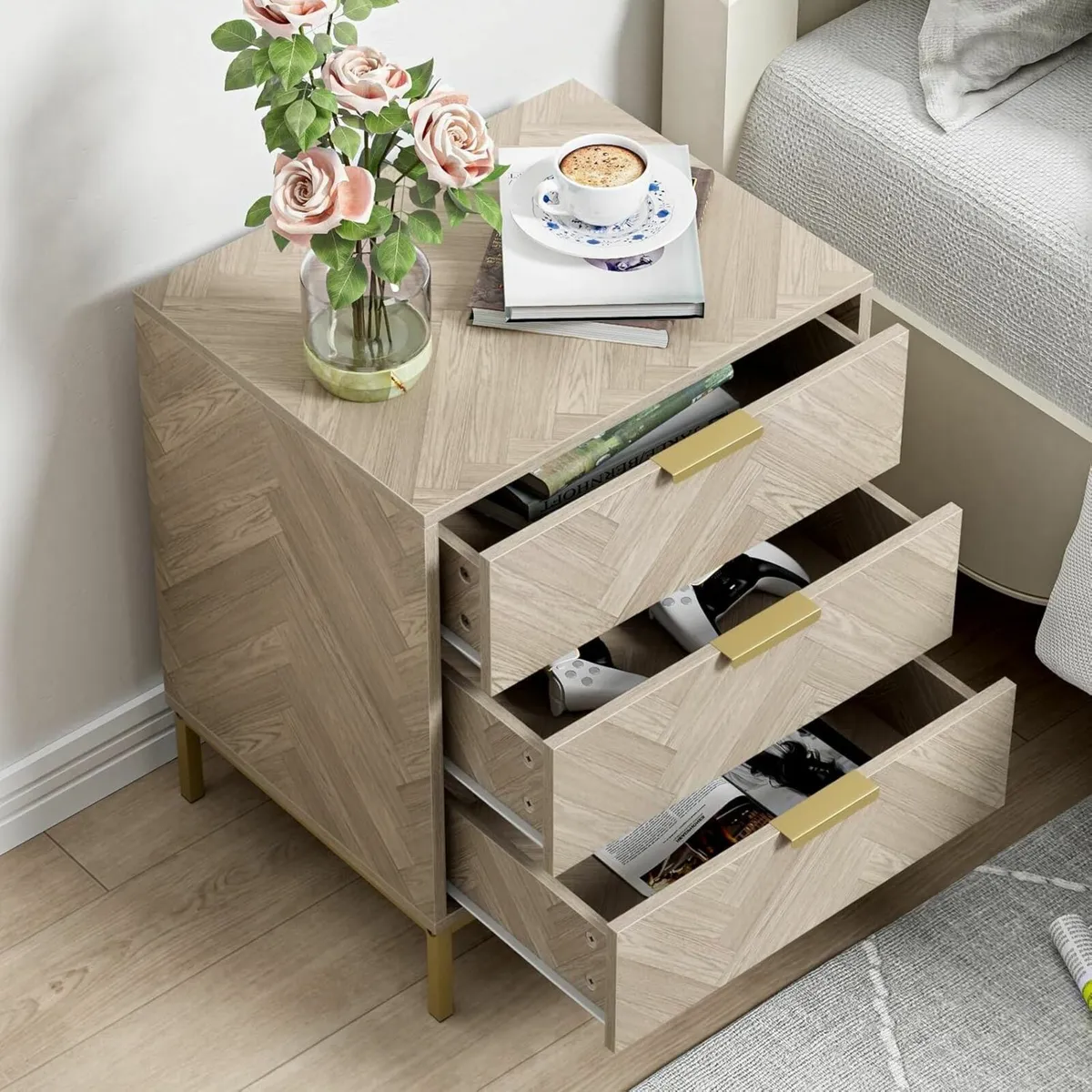 Herringbone 3 Drawer Bedside Table Wooden Cabinet - Image 3
