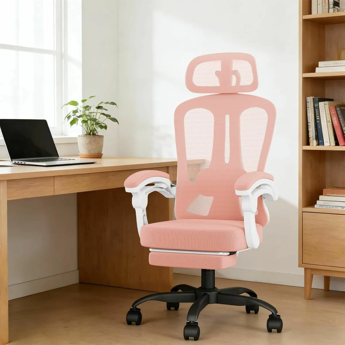 Pink Office Chair Mesh Desk with Footrest for - Image 2