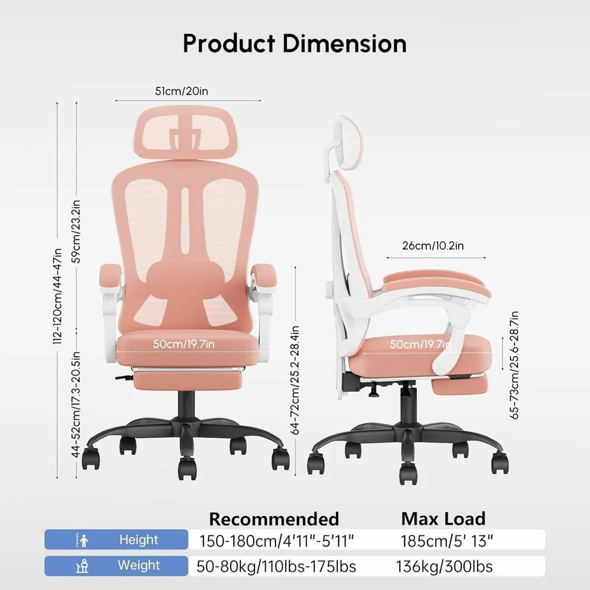 Pink Office Chair Mesh Desk with Footrest for - Image 3