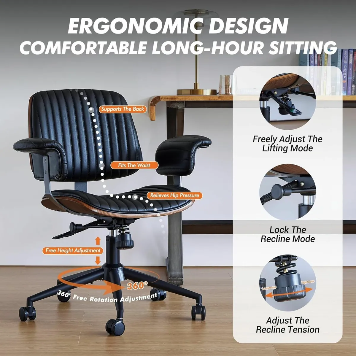 Genuine Leather Home Office Chair Mid-Century - Image 4