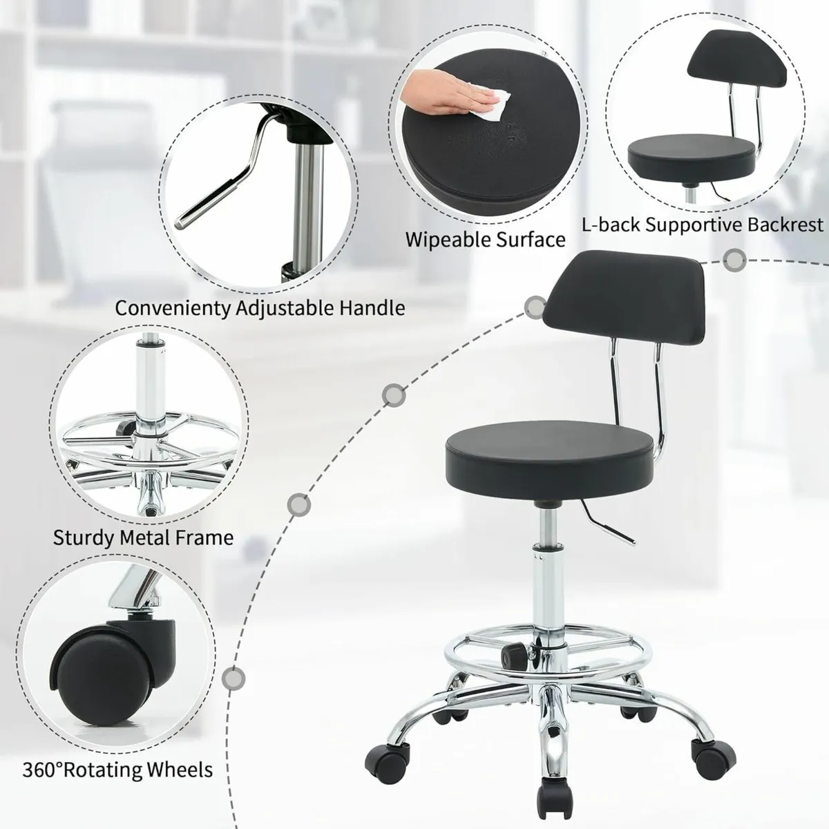 Adjustable Rolling Office Stool Chair with - Image 4