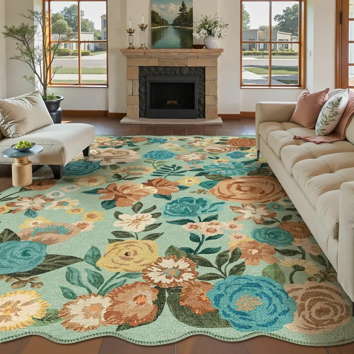 Green Rugs Living Room Washable Flower Area Rug - Image 1
