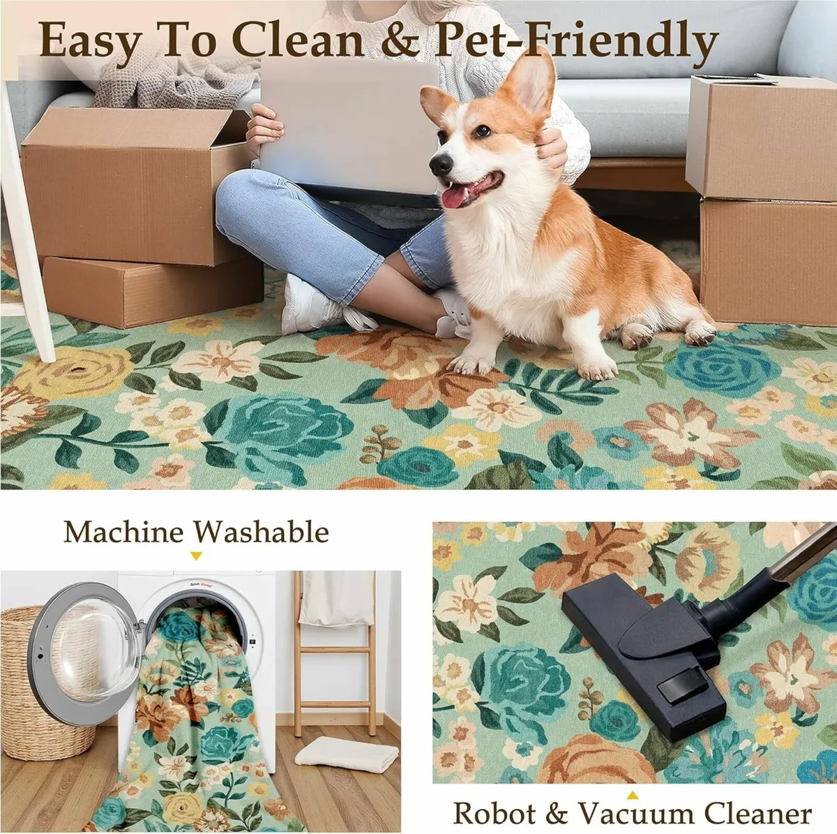 Green Rugs Living Room Washable Flower Area Rug - Image 4