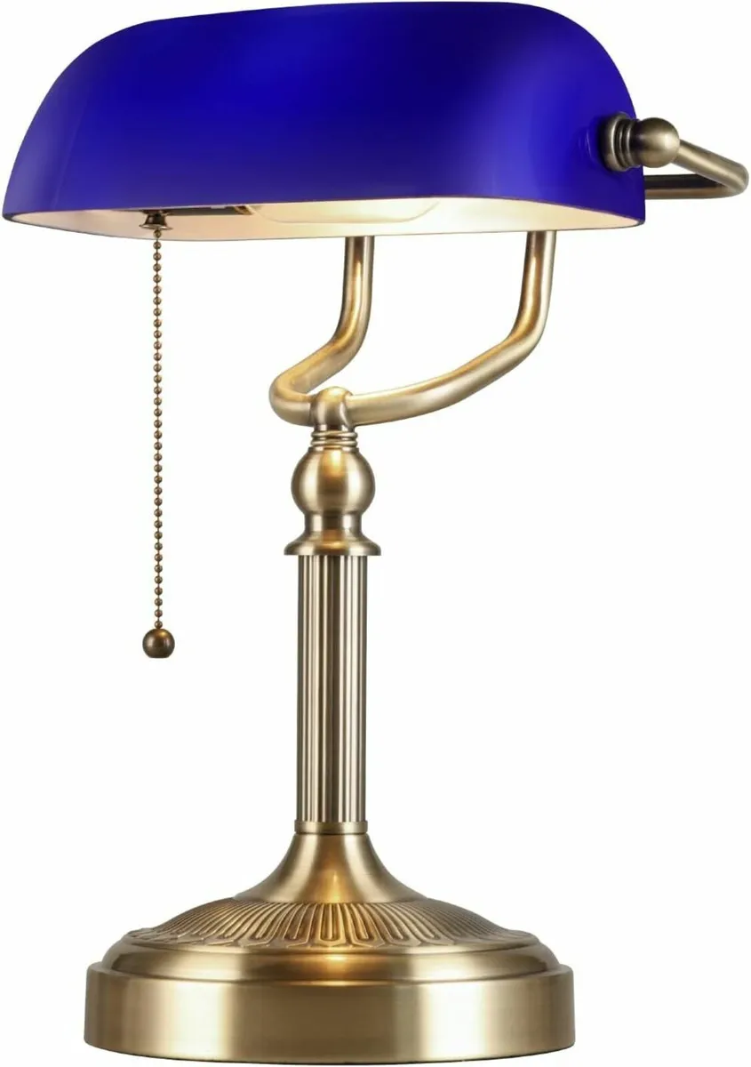 Blue Glass Bankers Desk Lamp with Pull Chain - Image 1