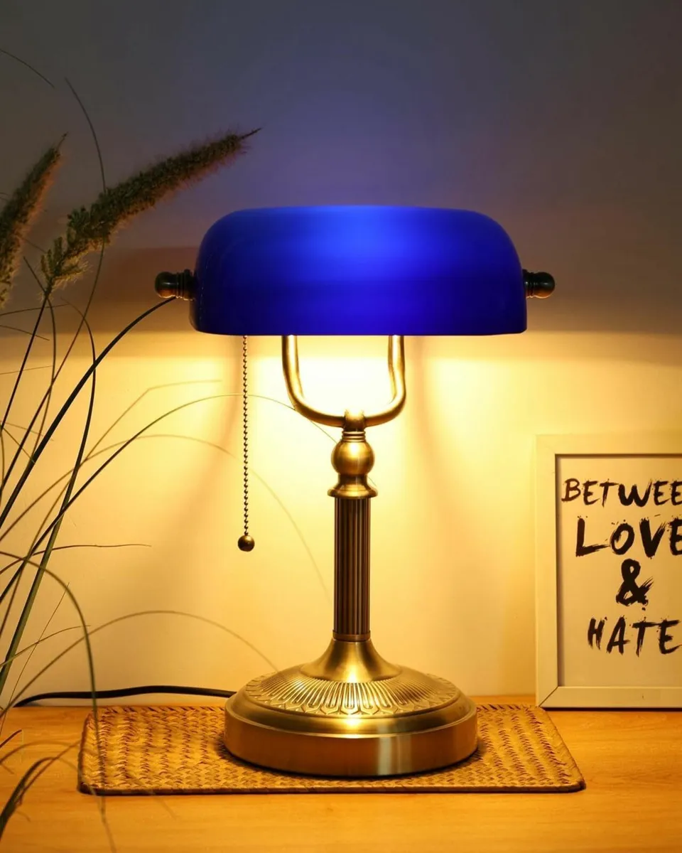 Blue Glass Bankers Desk Lamp with Pull Chain - Image 2