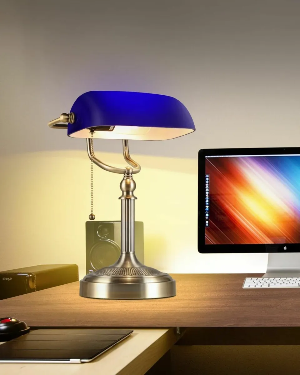 Blue Glass Bankers Desk Lamp with Pull Chain - Image 3