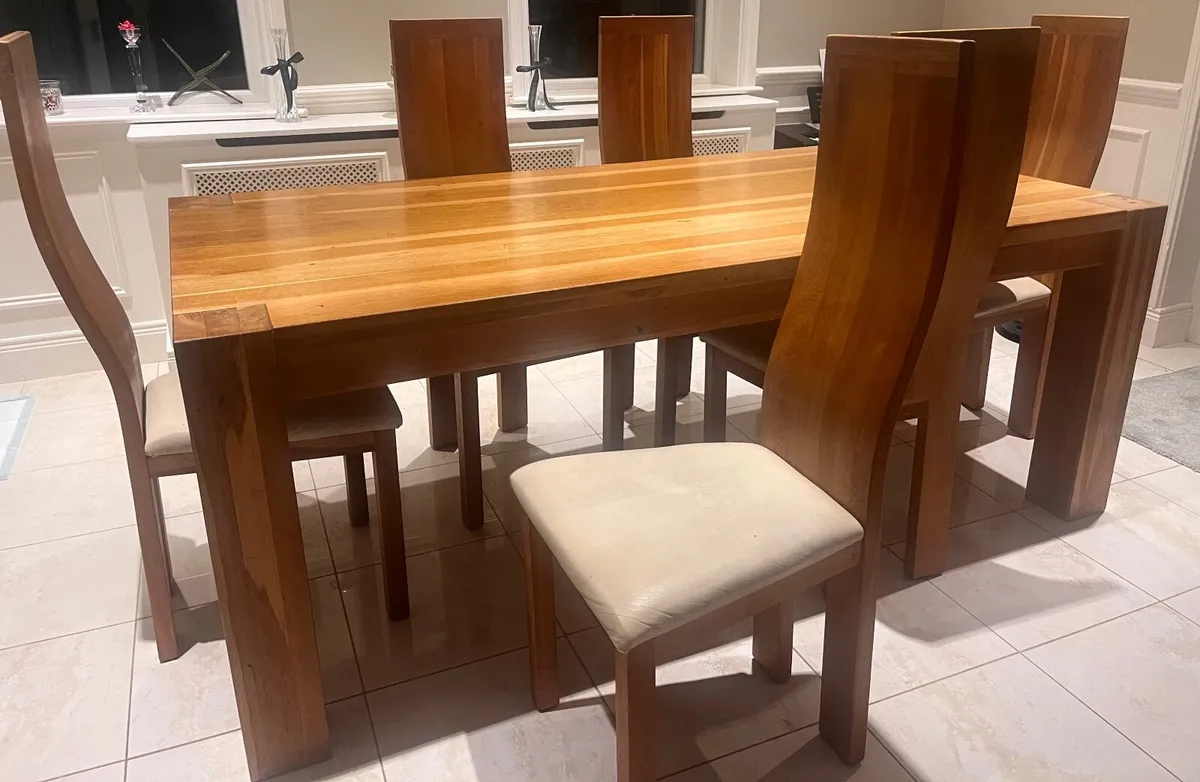 Solid Oak Dining Table & Leather Solid Oak Chairs - Image 4