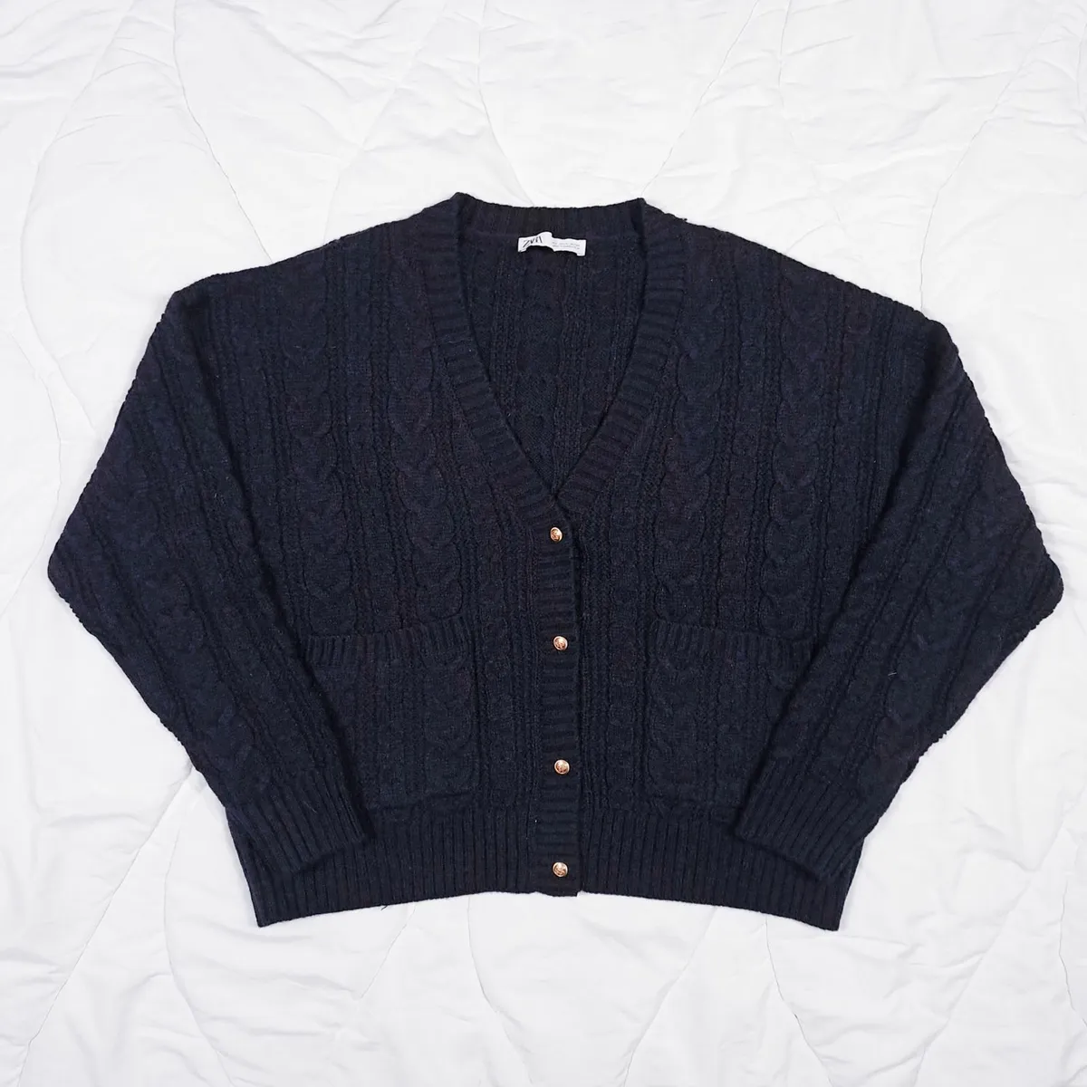 Zara Dark Navy Blue Cable Knit Cardigan Size L - Image 2