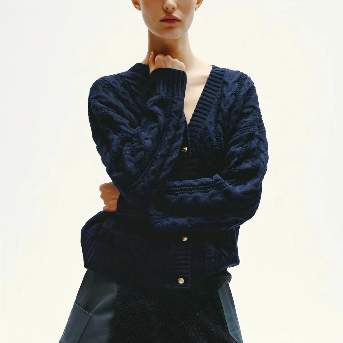 Zara Dark Navy Blue Cable Knit Cardigan Size L - Image 3