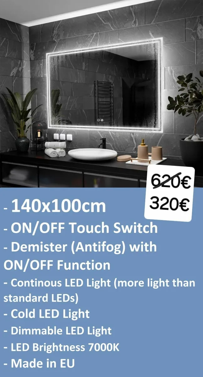 LED Bathroom Mirror Large Antifog Demister - Image 1