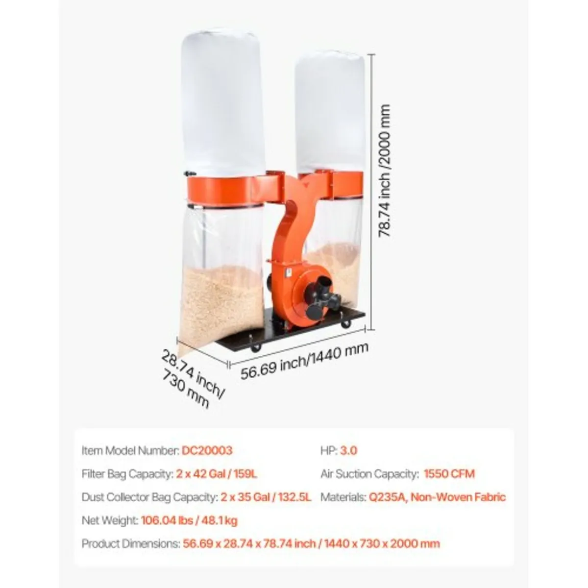 Dust Collector, 1550 CFM 2.5 Micron Vortex Cone Du - Image 4